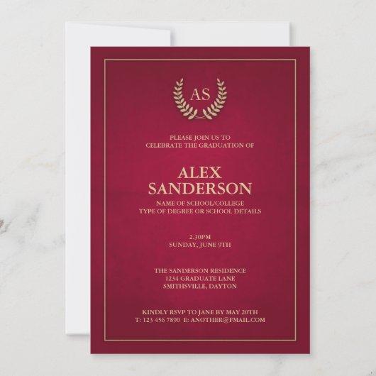 Dark Red + Gold Monogram/Laurel Wreath Graduation Invitation