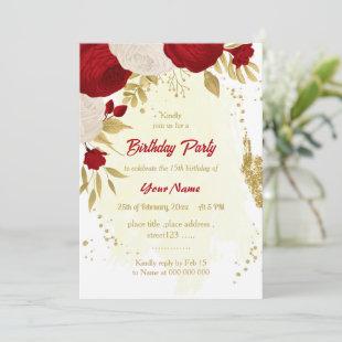 dark red & white flowers gold birthday party invitation
