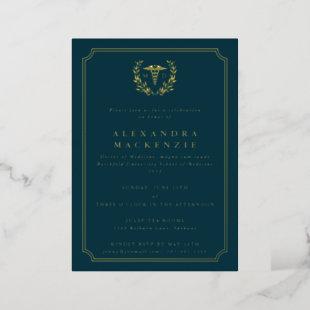 Dark Teal MD Caduceus+Laurel Wreath Graduation Foil Invitation