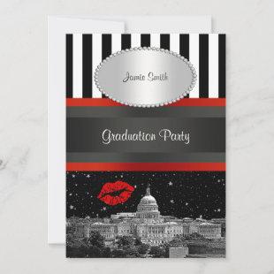 DC Skyline Blk Wht Stripe Red Kiss Graduation Invitation
