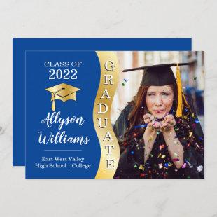 Deep Blue | Gold Graduate Wave Grad Cap Photo Announcement
