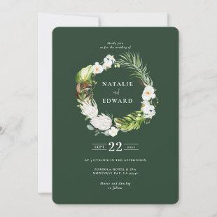 Delicate tropical floral wreath wedding invitation