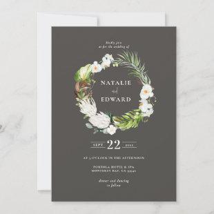Delicate tropical floral wreath wedding invitation