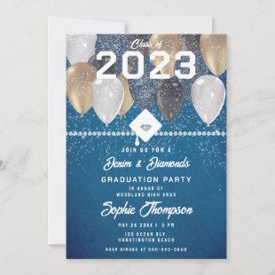 Denim Diamonds Balloons Blue Chic Graduation Party Invitation