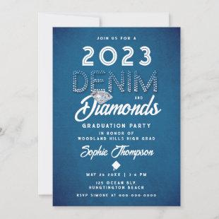Denim Diamonds Lettering Modern Graduation Party Invitation