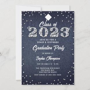 Denim Diamonds Script Indigo 2023 Graduation Party Invitation