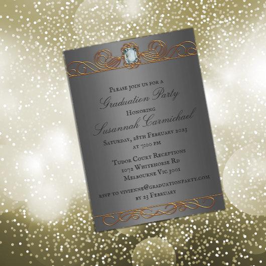 Diamond and Gold Dark Silver Graduation  Invitation