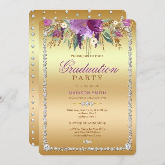 Diamond Glitter Watercolor Flowers Gold Grad Party Invitation