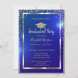 Diamonds Frame Gold Grad Cap Blue Graduation  Invitation