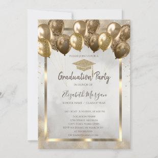 Diamonds Gold Grad Cap Balloons Glitter Graduation Invitation