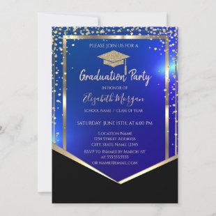 Diamonds Gold Grad Cap Blue Graduation  Invitation