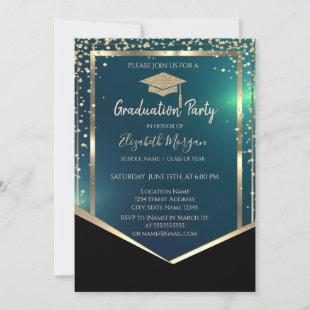 Diamonds Gold Grad Cap Green Graduation  Invitation