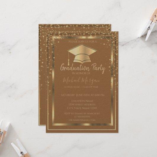 Diamonds Gold Grad Cap Light Brown Graduation   Invitation