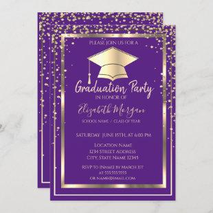 Diamonds Gold Grad Cap Violet Graduation   Invitation