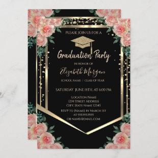 Diamonds Gold Graduation Cap Floral Graduation Invitation