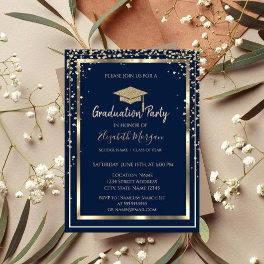 Diamonds Gold Graduation Cap Navy Blue Graduation Invitation