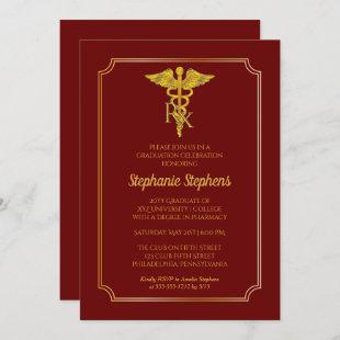 Dk Red | Gold Rx Pharmacy Graduation Party Invitation