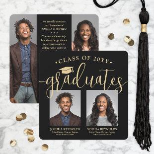 Double Graduation 2 Grads & 4 Photos Black & Gold Announcement