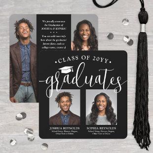 Double Graduation 2 Grads & 4 Photos Black & White Announcement