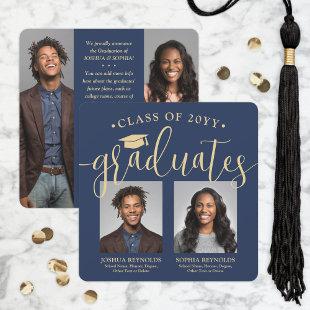 Double Graduation 2 Grads & 4 Photos Navy & Gold Announcement