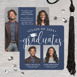 Double Graduation 2 Grads & 4 Photos Navy & White Announcement