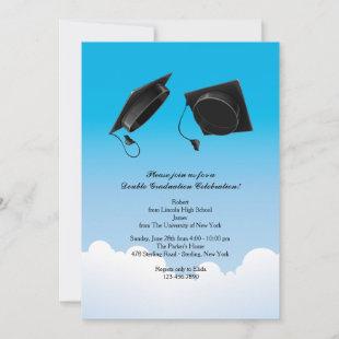 Double Graduation Hat Toss Vertical Black Invitation