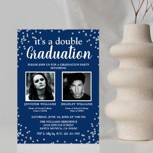Double Graduation Photo Blue Silver Invitation