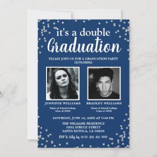 Double Graduation Photo Blue Silver Invitation