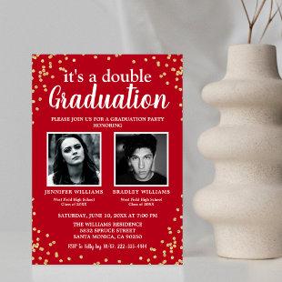 Double Graduation Two Photo Graduate Red Invitation