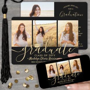 Downloadable 4 Photo Black & Gold Graduation Party Invitation
