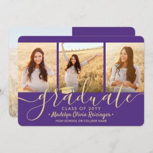Downloadable 4 Photo Graduation Purple and Gold Announcement