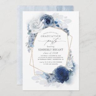 Dusty and Navy Blue Floral Ombre Graduation Invitation