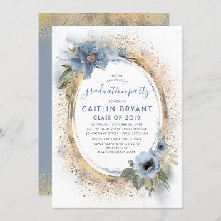 Dusty Blue and Gold Glitter Graduation Party Invitation