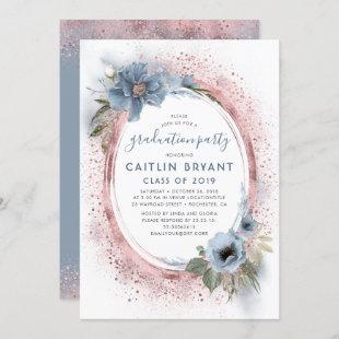 Dusty Blue and Rose Gold Glitter Graduation Party Invitation