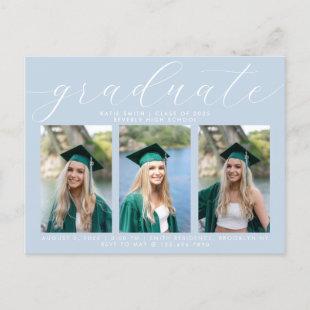 Dusty Blue Calligraphy Minimal Graduation 3 Photo Invitation Postcard