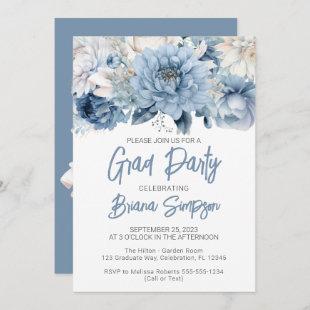 Dusty Blue Floral Graduation Grad Party Invitation
