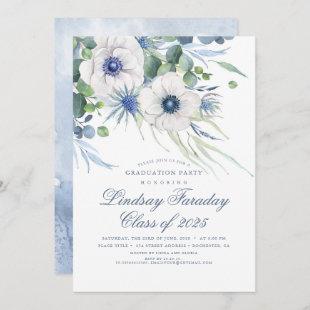 Dusty Blue Floral Greenery Elegant Graduation Invitation
