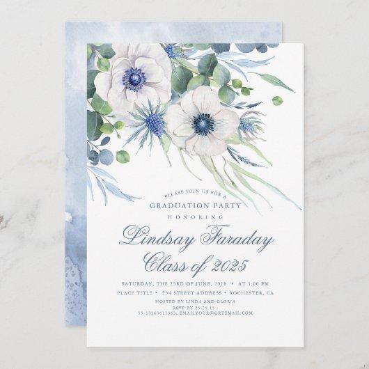 Dusty Blue Floral Greenery Elegant Graduation Invitation