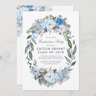 Dusty Blue Floral Wreath Elegant Graduation Party Invitation