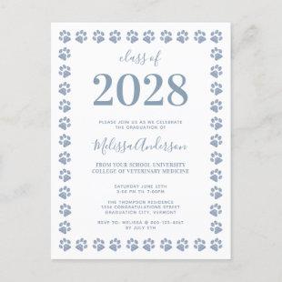 Dusty Blue Glitter Paw Prints Graduation  Invitation Postcard