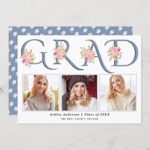Dusty blue GRAD typography pink roses photo Announcement