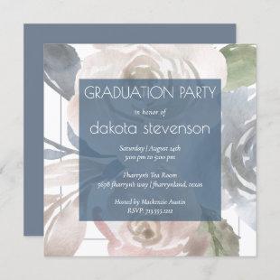 Dusty Floral | Smoky Pastel Blue Cream Graduation Invitation