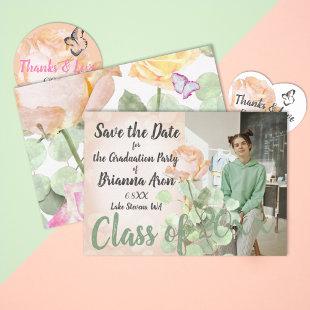 Dusty Peach, Green Vintage Graduation Save Date Advice Card