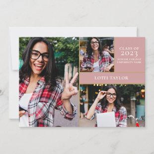 Dusty Rose Pink 3 Photo Gold Graduation Party Invitation