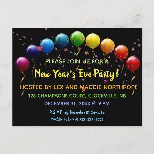 Editable Balloons Stars Confetti New Year's Eve  Invitation Postcard