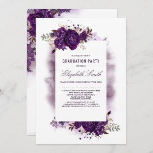 Eggplant Purple Floral Watercolor Graduation Party Invitation