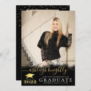 Elegant 2023 Graduate Black Gold Script 2 Photo Invitation