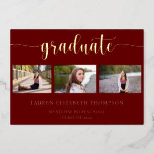 Elegant 3 Photo Graduation Red Gold Foil Invitation