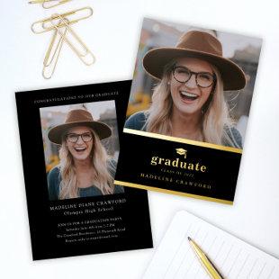 Elegant Black and Gold Photo Graduation Foil Invitation