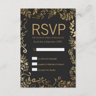 Elegant Black and Yellow Gold Floral RSVP Cards